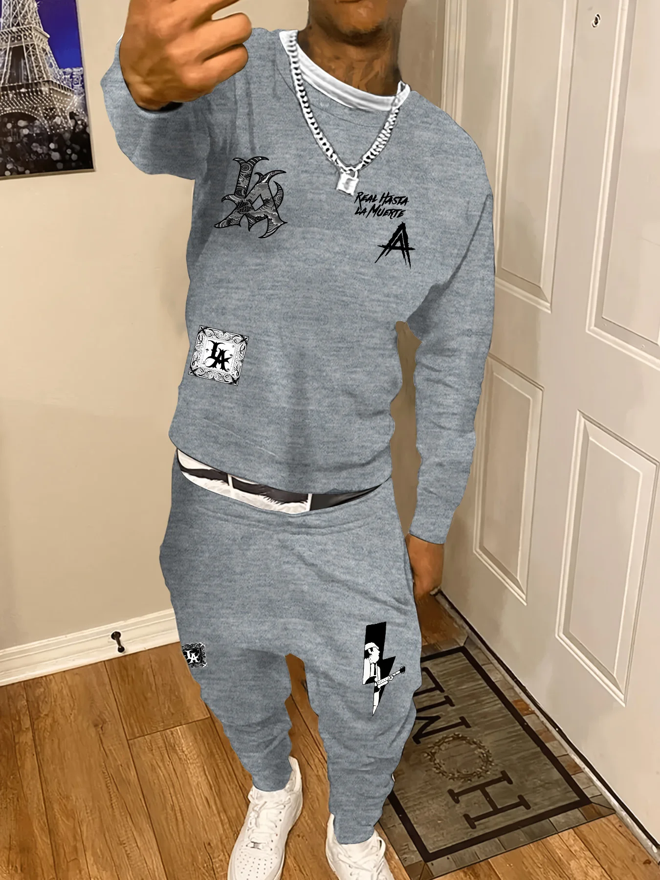 

Men's sweatshirt suit Loose Rock Guitarist Gothic letters LA REAL HASTA LA MUERTE Music Festival party outfits