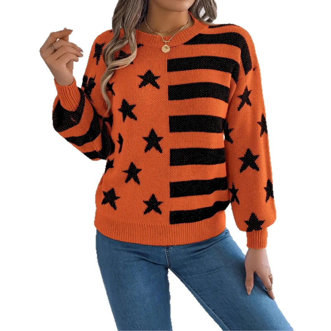 Nouveau Pull Femme Pull Halloween thème col rond Pull à manches longues automne et hiver chaud lanterne manches Pull haut Femme