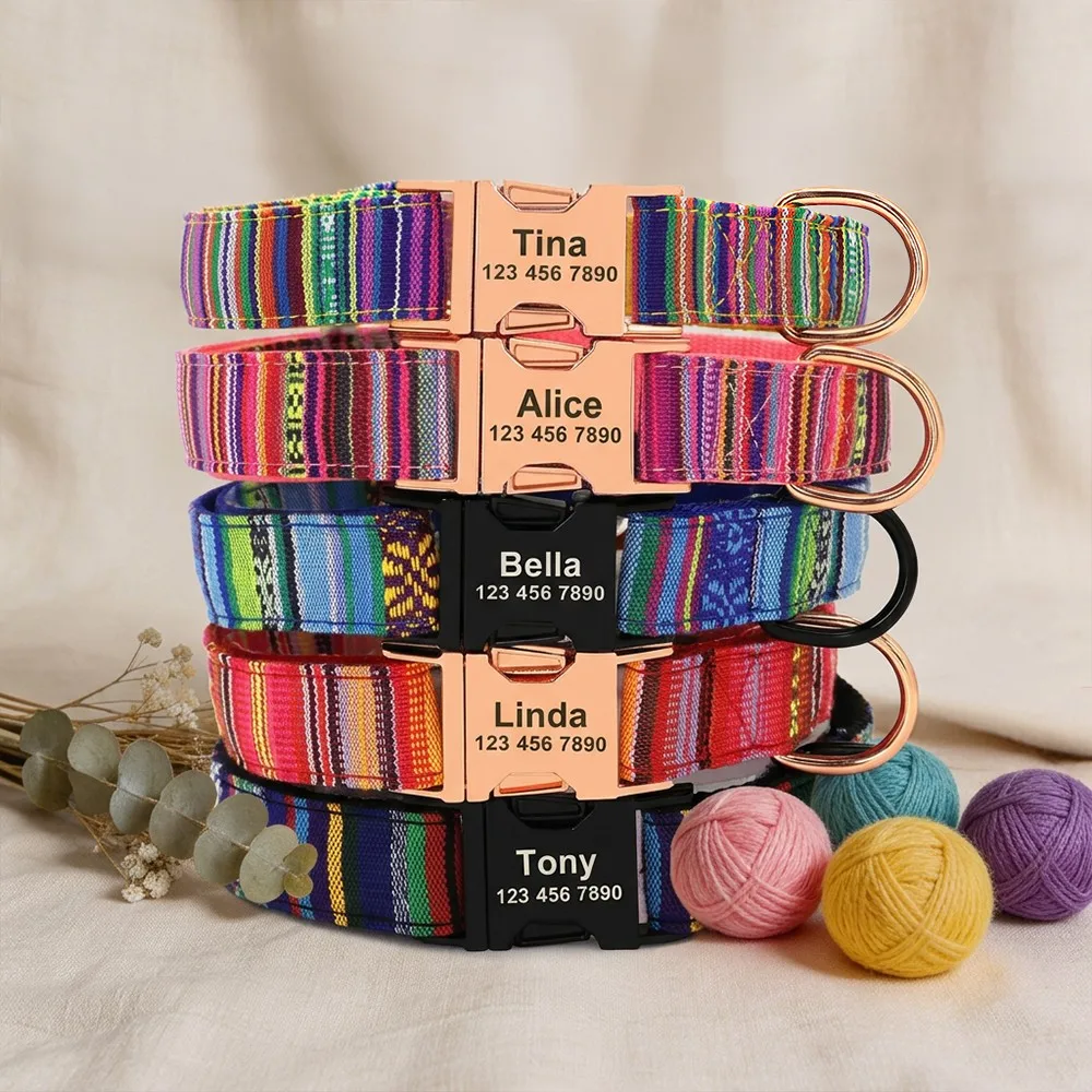 

Ethnic Style Personlized Nylon Dog Collar Name ID Metal Buckle Engraved Free Adjustable for Small Medium and Large Dogs