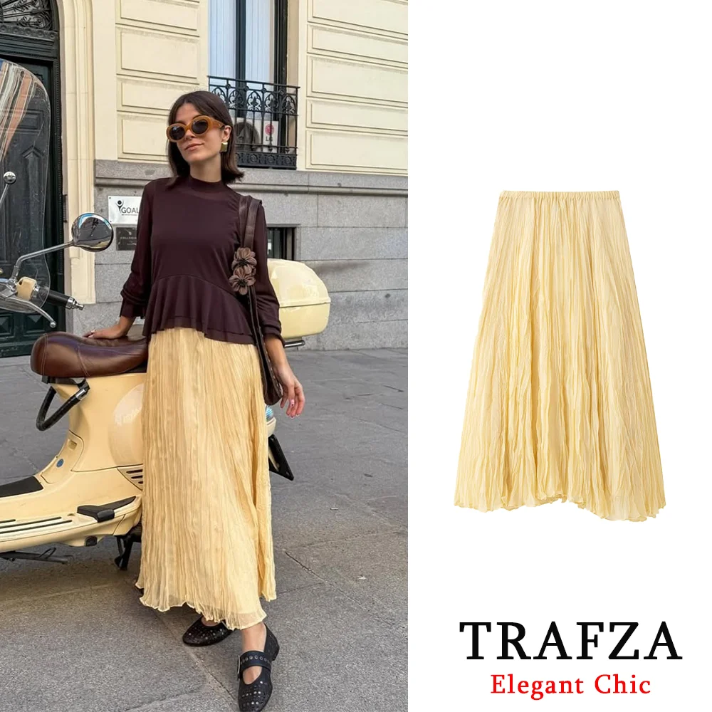 TRAFZA Women Elegent Butter Yellow Skirt  Solid Pleated Long Skirt New 2025 Spring Summer Fashion Holiday Date Basic Chic Skirt