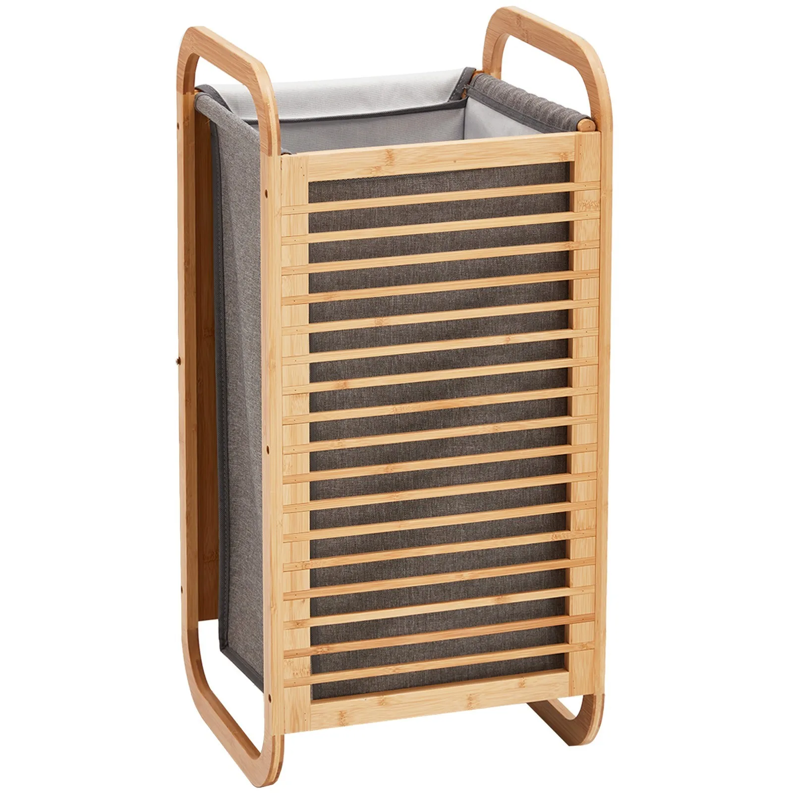 

A bamboo laundry basket with a detachable lining bag for storing clothes.