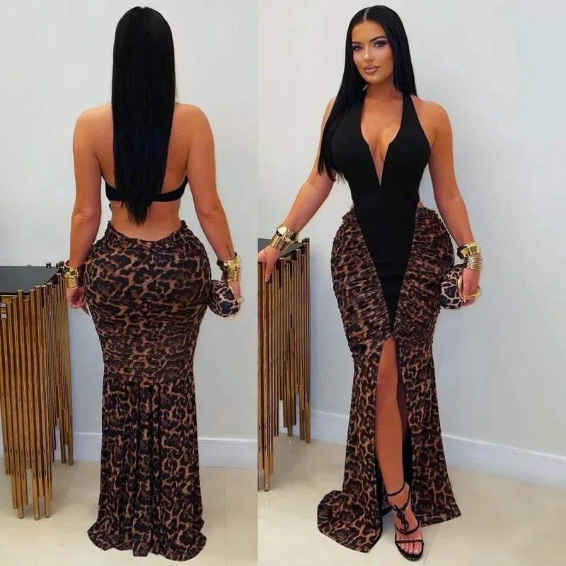

Women Backless Dresses Neck Mounted Dress Leopard Spliced Floor Lenth Sleeveless Front Slit Slim Fit Casual Elegant 2026 Summer