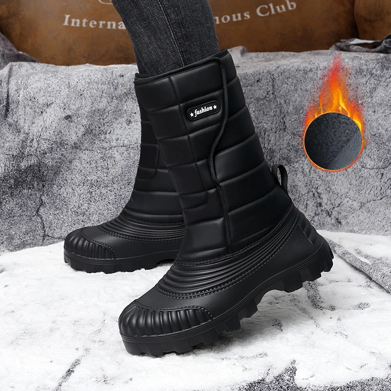 

Autumn and Winter Men's Fleece-Lined Warm Outdoor Snow Boots, Cold-Proof Large Cotton Shoes, High-Top Non-Slip Waterproof Thick-Soled Cotton Shoes