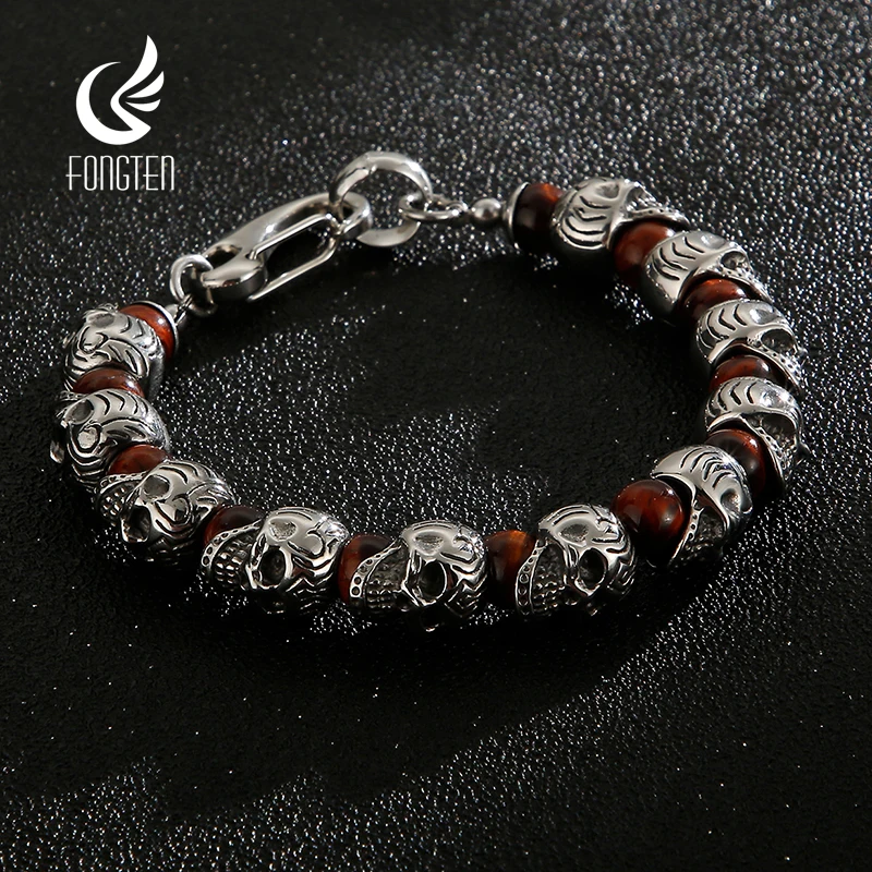 

Fongten 22.5cm Skull Bracelet For Men Stainless Steel Bangle Beaded Bracelet Male Gold Silver Color Skeleton Jewelry Jewelry