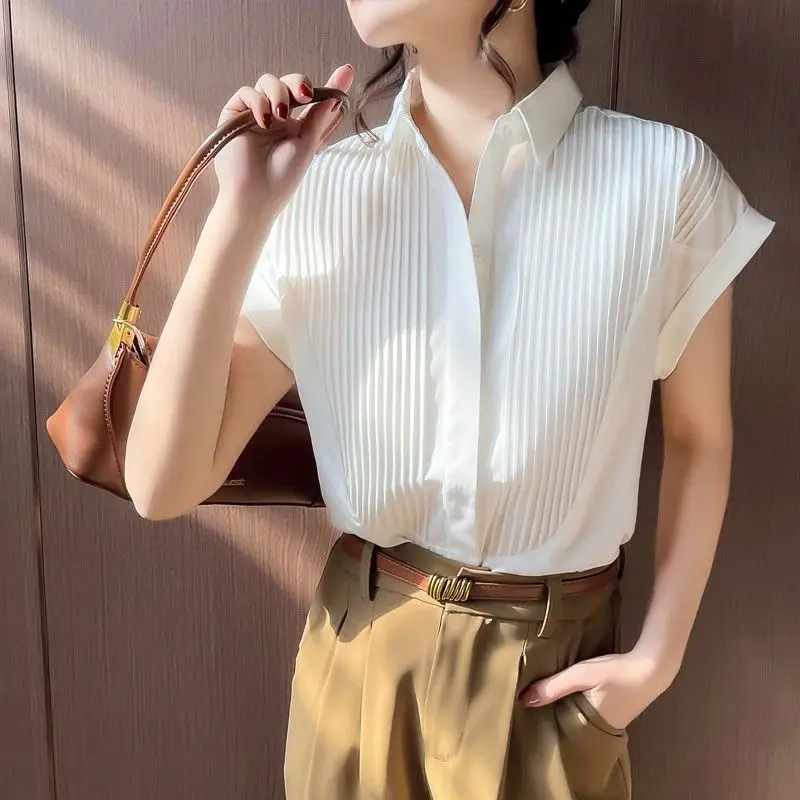 Women Summer Casual Loose Striped Pleated Polo-Neck Short Sleeve Shirts Women Clothes Simplicity All-match Office Lady Tops