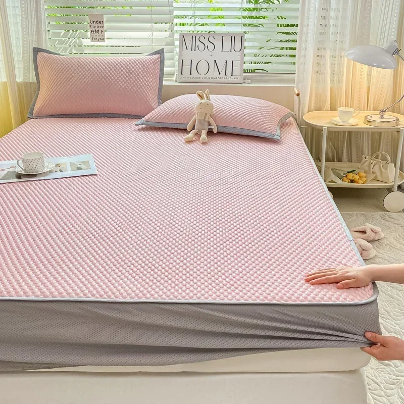 

Summer Cooler Latex Bed Fitted Sheet Set Soft Air-conditioning Mat Bed Skirt Washable Solid Anti-slip Mattress Protector Cover