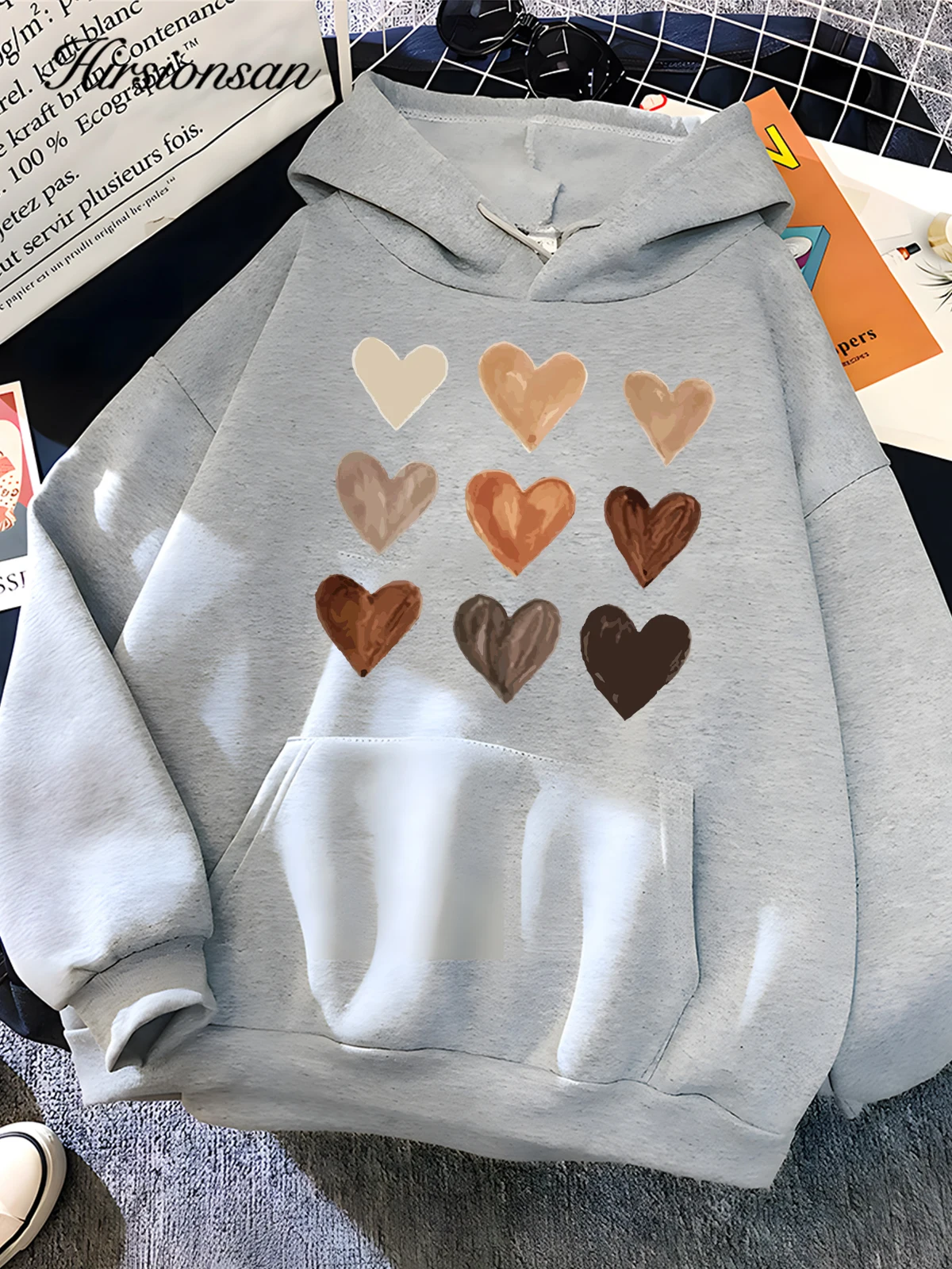 Hirsionsan Harajuku Heart Print Sweatshirt for Women 2023 New Winter Soft Casual Loose Warm Female Hoodies Fleece Ladies Clothes