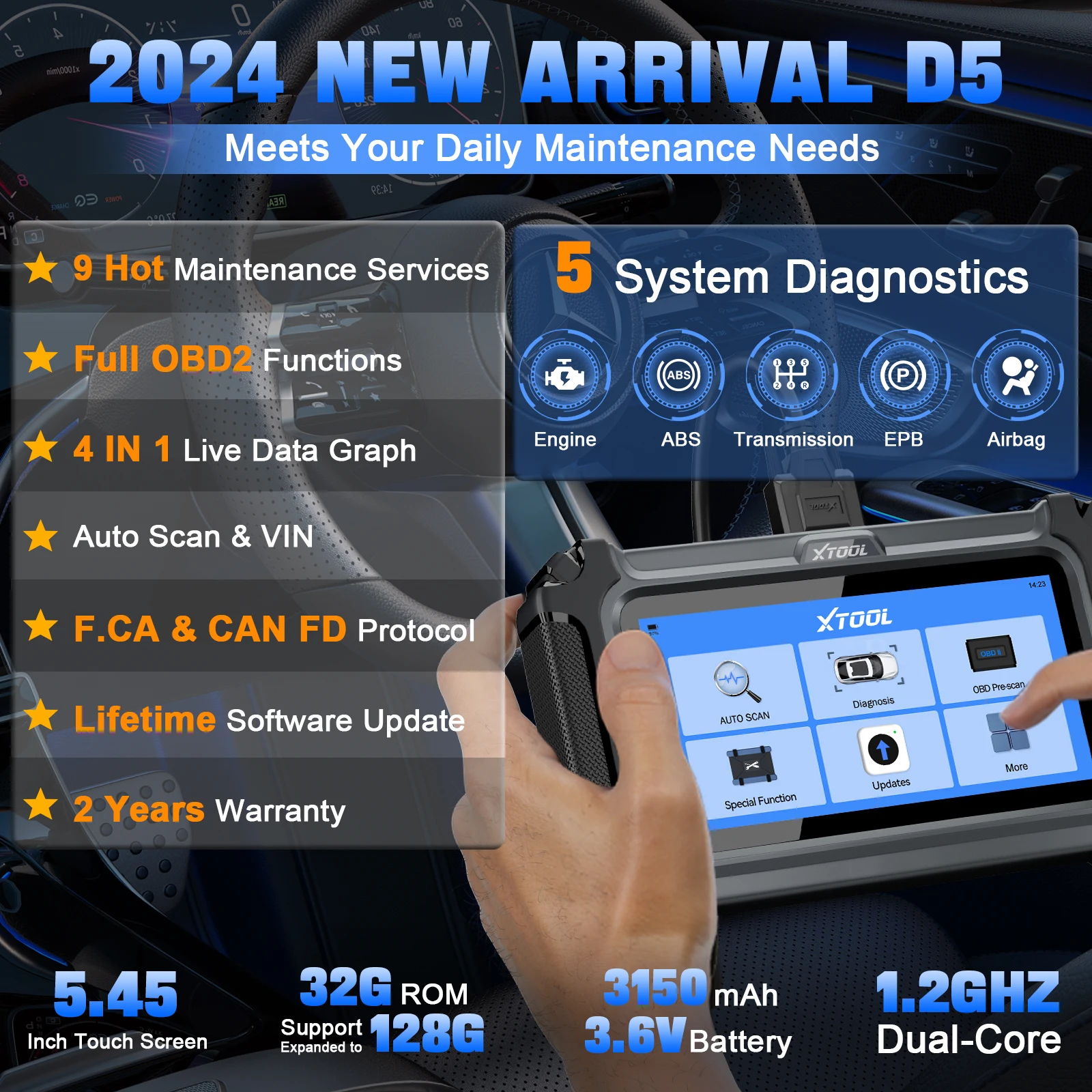 XTOOL D5 OBD2 Scanner,2024 Latest Code Reader Engine/ABS/SRS/Transmission Car Diagnostic Tool, Lifetime Free Update Scan Tool