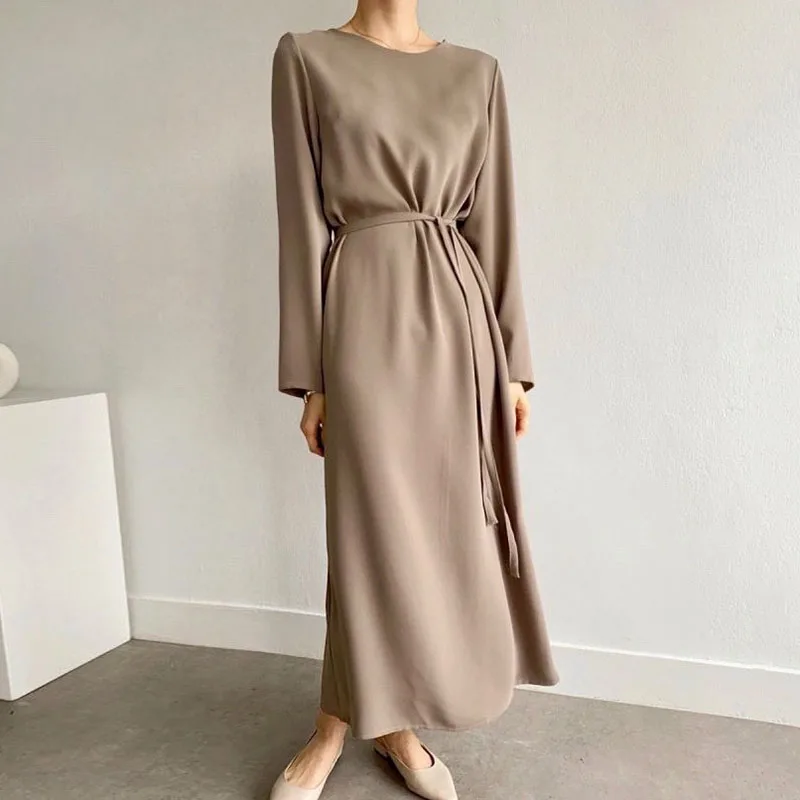 Chic Early Spring Mat Round Ne Color Belted Waist Slimming Skin-Friendly Long Sve Dr Maxi Dr