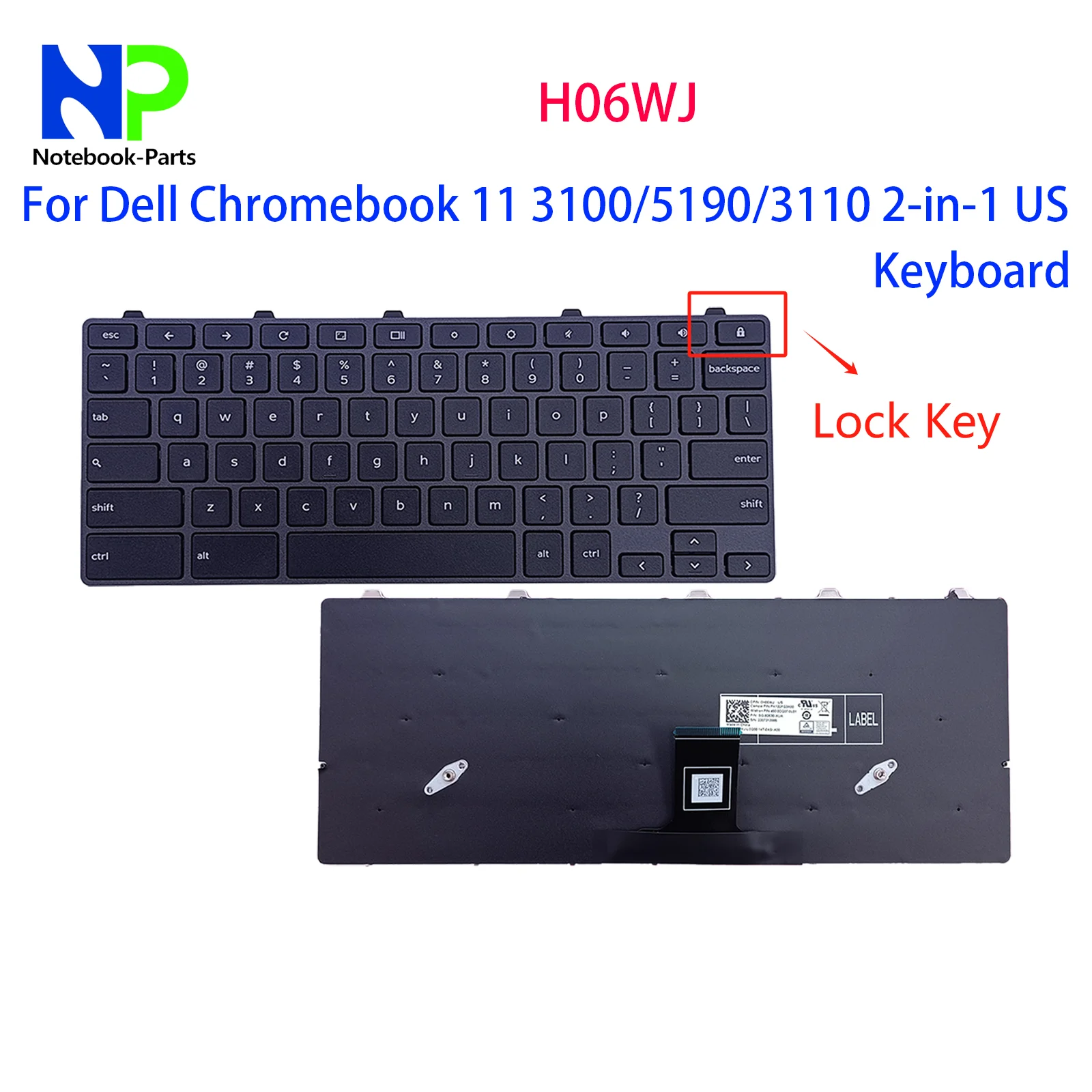 For Dell Chromebook 11 3100 5190 3110 2-in-1 Keyboard With Lock Key Black H06WJ