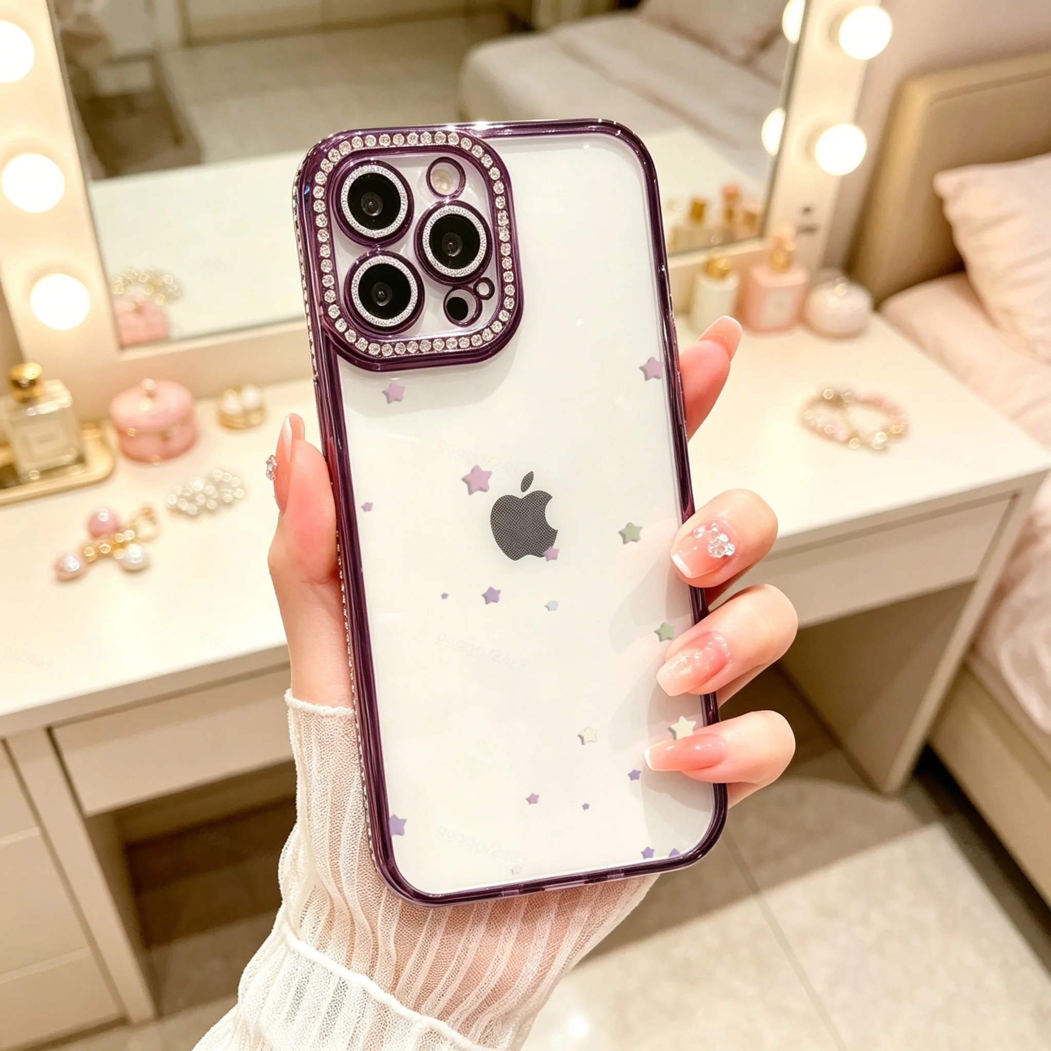 Diamond Electroplated TPU Phone Case for iPhone,  Luxury Glitter Phone Case, Purple Rhinestone Camera Frame With Star Pattern  , Luxury Glitter Rhinestone Frame, Built-in Lens Protector, Anti-Slip Shockproof Clear Cover