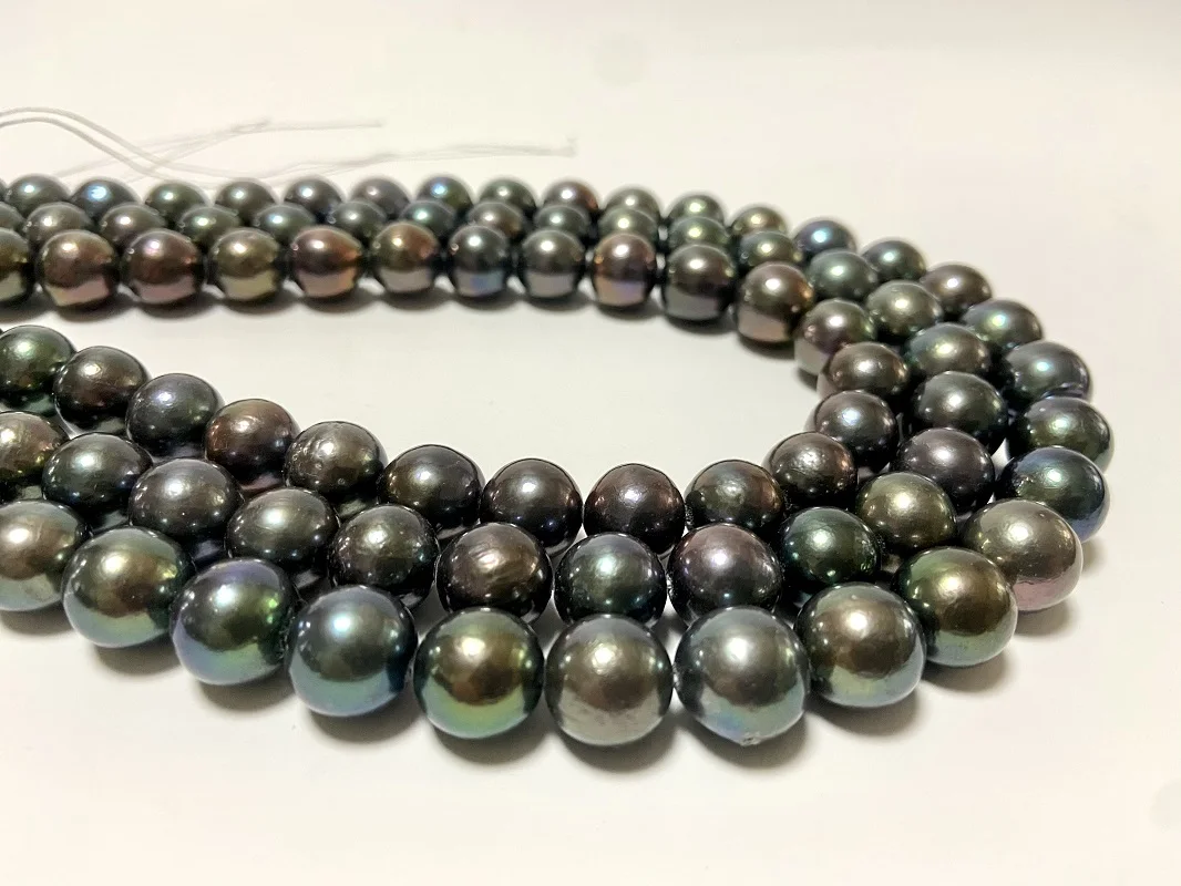 Classic Pearls Necklace for Women 11-14mm Round Black Peacock Pearls Jewelry Bright Light Less Flaw (Free Clasp)