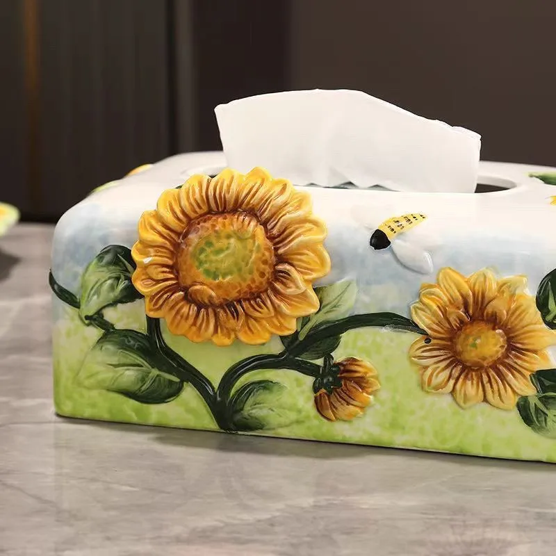 صندوق مناديل سيراميك عباد الشمس على الطراز الأوروبي الجديد، صندوق ورقي لتزيين طاولة القهوة المنزلية #2