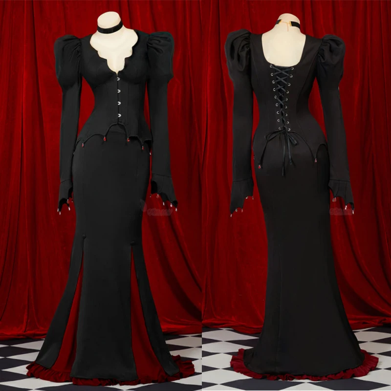 

New Vampire Cosplay Costume For Women Black Witch Long Dress Gothic Long Sleeve Fishtail Dress Halloween Carnival Party Clothes