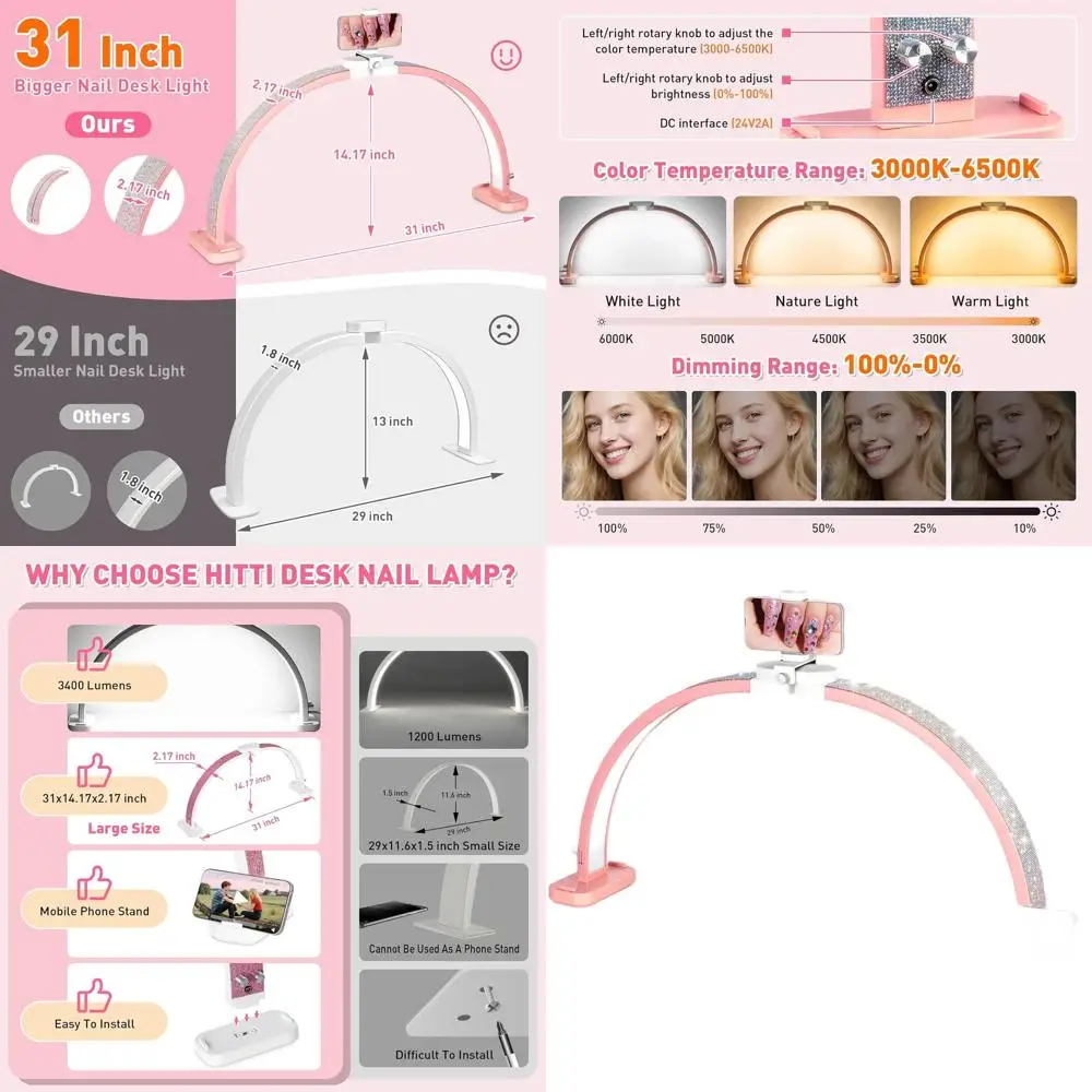

31 Large LED Nail Desk Lamp with Adjustable Arch Stand, Ideal for Manicures, Handicrafts, and Eyelash Extensions - Pink