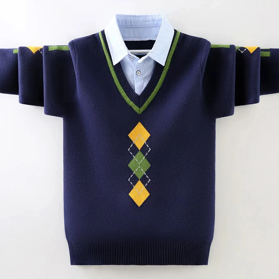 

Children's School Uniform Shirt Collar Sweater New 2024 Winter Kids Cotton Knitted Warm Pullovers Teenager Boys 4-15 Years Wear