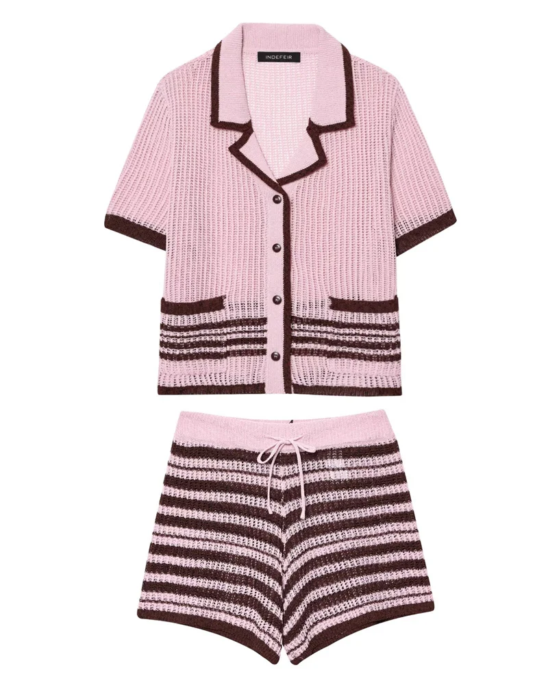 

Women's Suit New Summer 2025 Contrasting Knit Short Sleeve Top Mini Shorts Set Stylish Sexy Personality