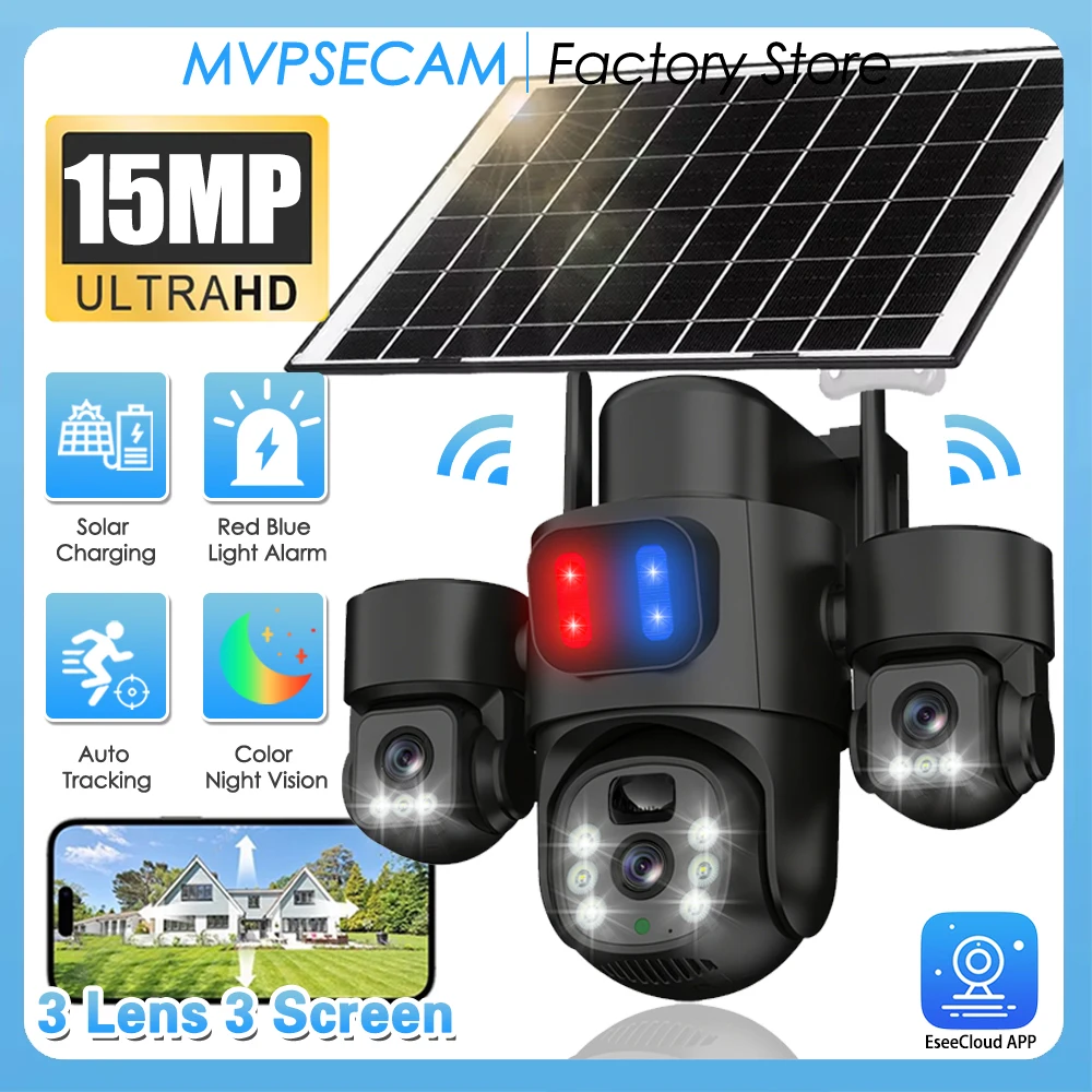 

Three Lens Three Screen WIFI Solar PTZ Camera Outdoor 15MP Security Surveillance Camera 360 PIR Detection Solar CCTV EseeCloud