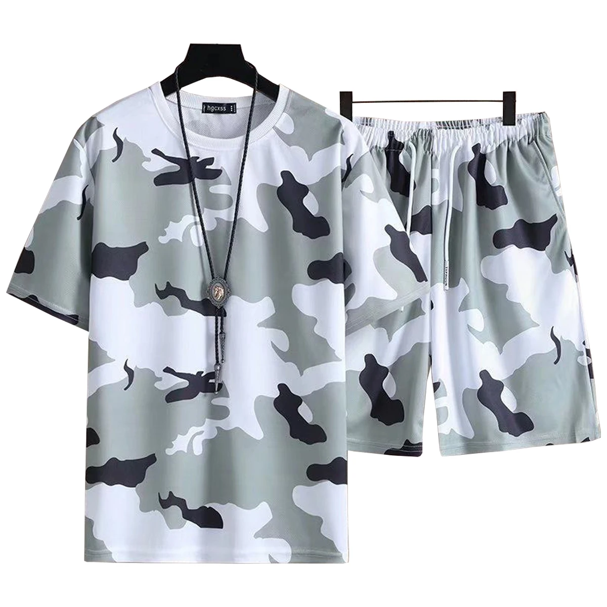 Men's Short Sleeved T-shirt Casual Shorts Set Round Neck Camouflage Pattern Spring Summer Sports Young Student Clothing