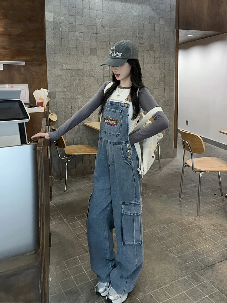 

American Retro Loose Overalls Denim Pants Autumn Spicy Girl Versatile Small Size Youthful Workwear Straight Leg Wide Leg Pants