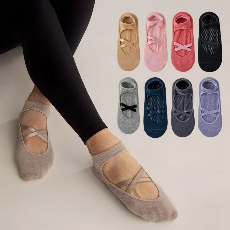 Calcetines de Yoga Antideslizantes con Tiras Cruzadas para Mujer, Calcetines Transpirables con Punta Abierta y Agarre para Pilates, Barre, Danza, Fitness y Entrenamiento