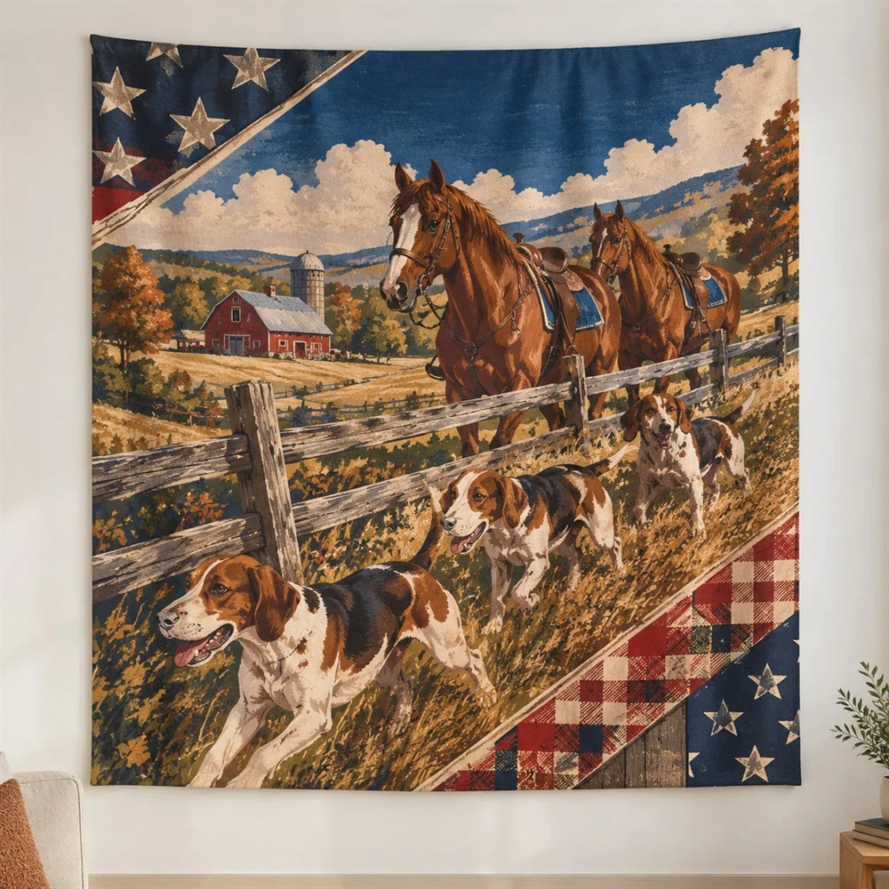 VIKAMA Hound and Horse Diagonal Flow Tapestry Wall Hanging, American Wall Decor Tapestries for Bathroom Bedroom Living Room