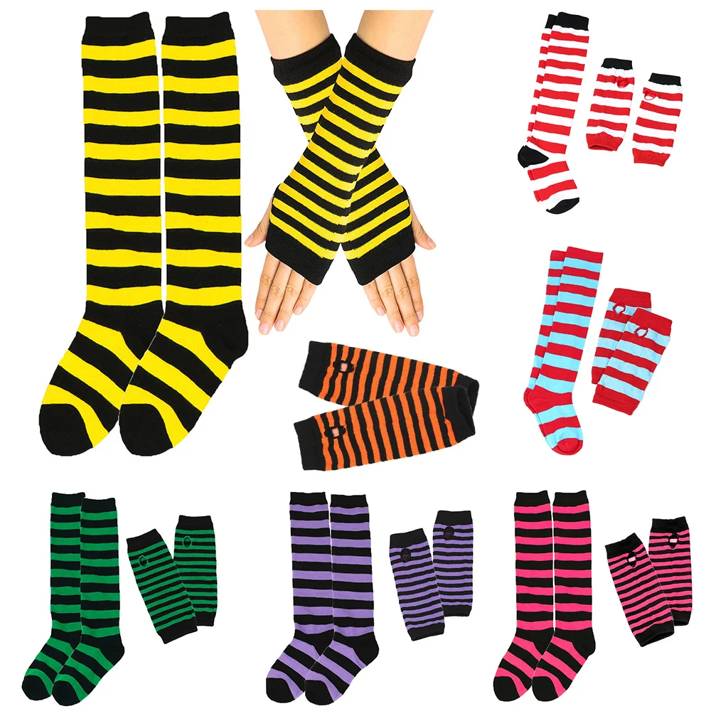 1 Set Women Stripe Gloves+ Over Knee Thigh High Stockings Winter Knitted Gloves Stripe Winter Warm Long Socks Set Kids Gift