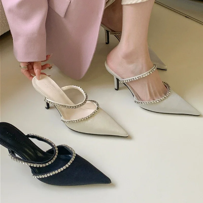 Luxury Rhinestone Designer High Heels Slippers Women Satin Pointed Tou Dress Shoes Summer New Fashion Slingback Sandals Women
