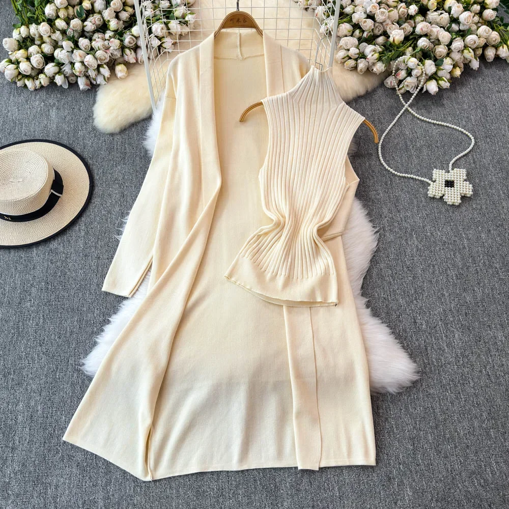 Chic Women Three-Piece Sets Long Sleeve Knit Open Stitch Coat Slim Half High Collar Vest High Waist Flare Pants Casual Clothing