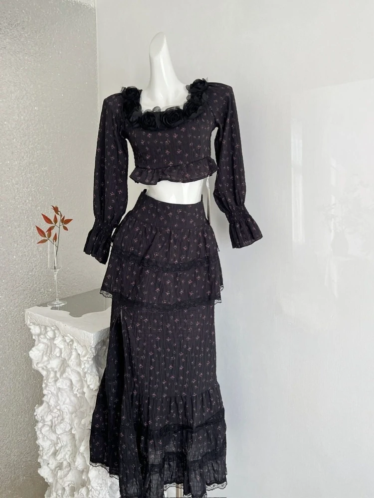 

French style retro fashion two-piece set women heavy industry lace patchwork short style top+high waisted pleated skirt