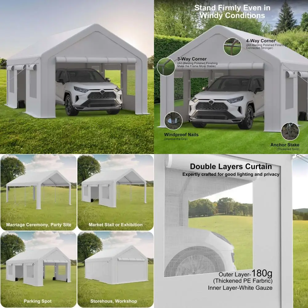 

13x20ft portable garage, 13'x20' carport heavy duty, galvanized frame & 180 g pe waterproof canopy, with 4 doors (included 2 sid