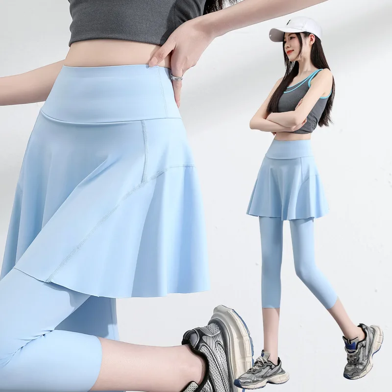 

Женские летние тонкие спортивные юбка-шорты с высокой талией и поясом, из полиэстера, длиной 7/8