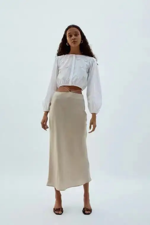 

Parisian Sle Cross-Banded Midi Skirt French System Summer 30344 Partial Skirt Commute Pure Color Long Skirt