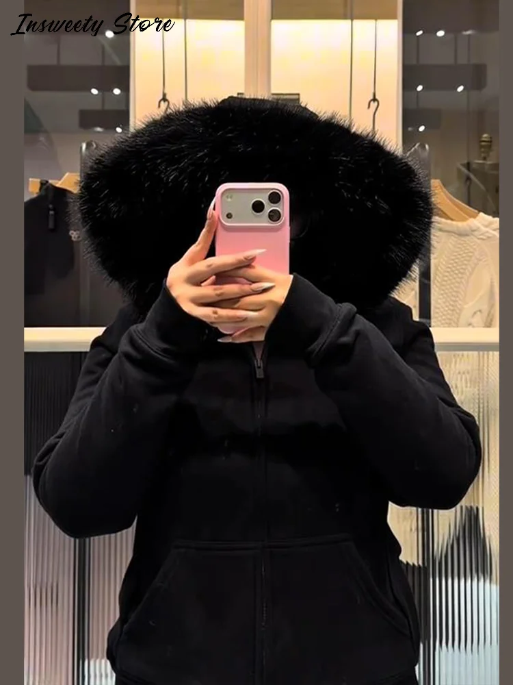 موضة فو الفراء تقليم هوديي المرأة سحابات طويلة شيربا اصطف المعاطف الدافئة 2025 الخريف الشتاء سيدة مريحة ملابس خارجية فضفاضة