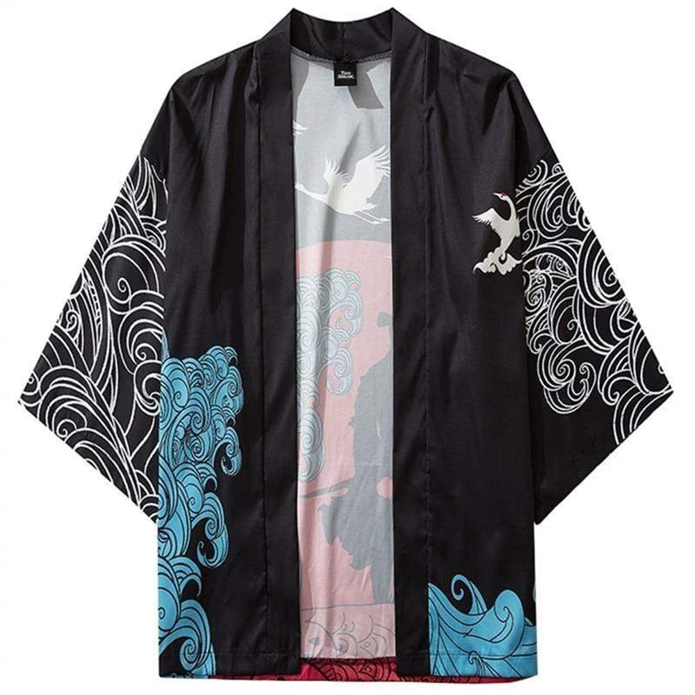 

Japanese Samurai Print Men's Three-quarter Sleeve Cardigan Street Trend Fashion Men's Tops Daily Loose Casual Men's Cardigan