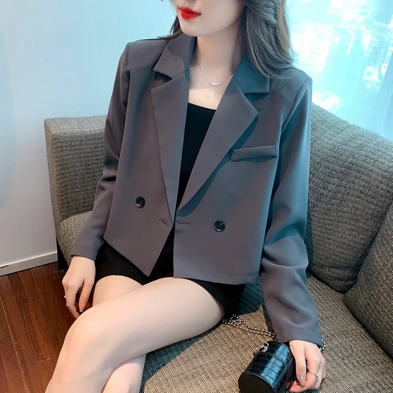 2023 Koreaanse Mode Sexy Cropped Blazer Vrouwen Schoudervullingen Jassen Korte Lange Mouwen Chique Y 2K Stijlvolle Elegante Blazers Grijs