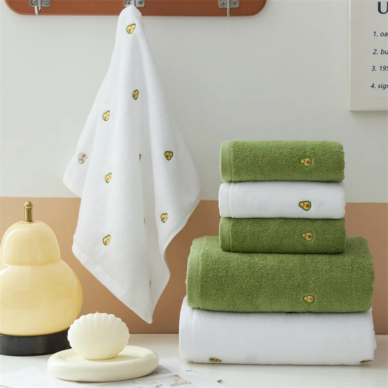 Pure Cotton Towel for Face Bath Bathroom, Embroidered Avocado, Soft, Absorbent, Home, Green, White Kid Adults Towels 1/3pcss