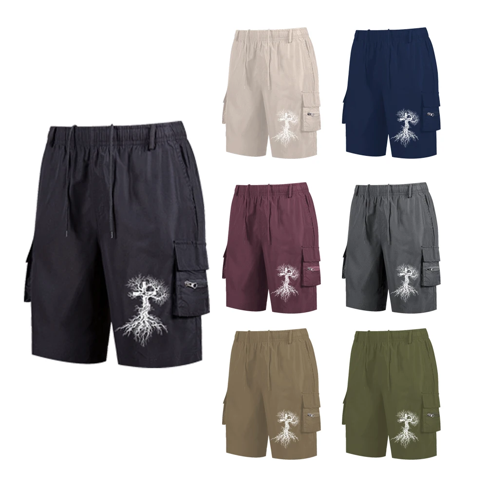 

Мужские черные шорты-карго с принтом креста и взлошащего дерева, с несколькими карманами и завязками на талии, уличная уличная одежда, полукороткие брюки