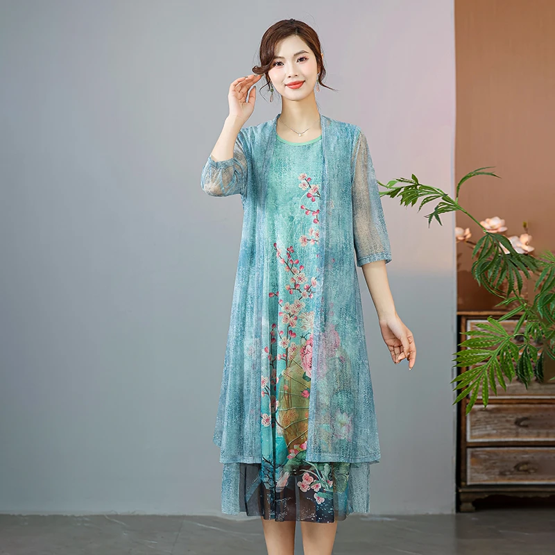 하이 엔드 여성 긴 쉬폰 드레스 봄 여름 인쇄 레이스 드레스 여성 우아한 가짜 투피스 드레스