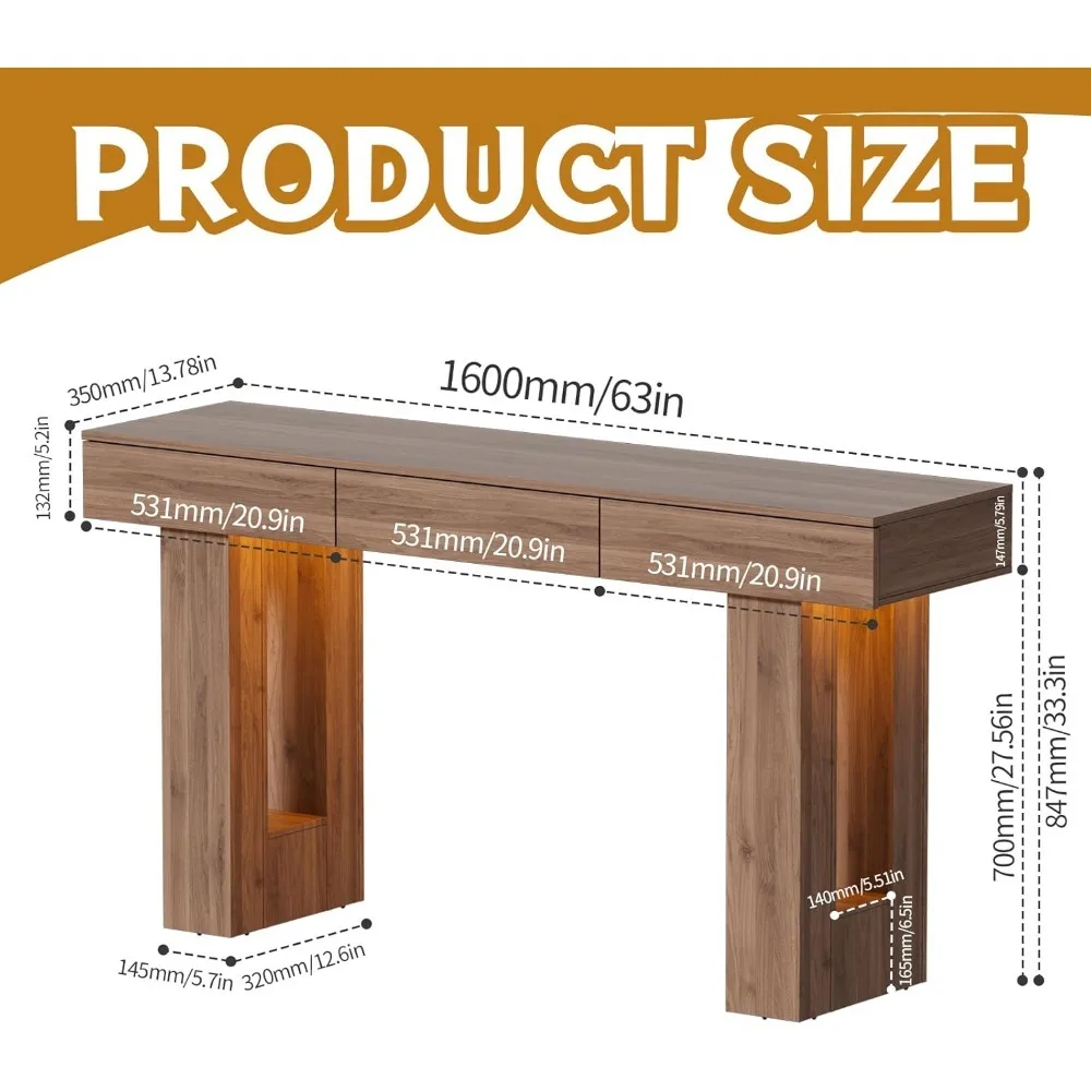 طاولة كونسول طويلة بطول 63 بوصة مع أضواء LED ملونة و3 أدراج، طاولة أريكة خشبية مستطيلة خلف الأريكة
