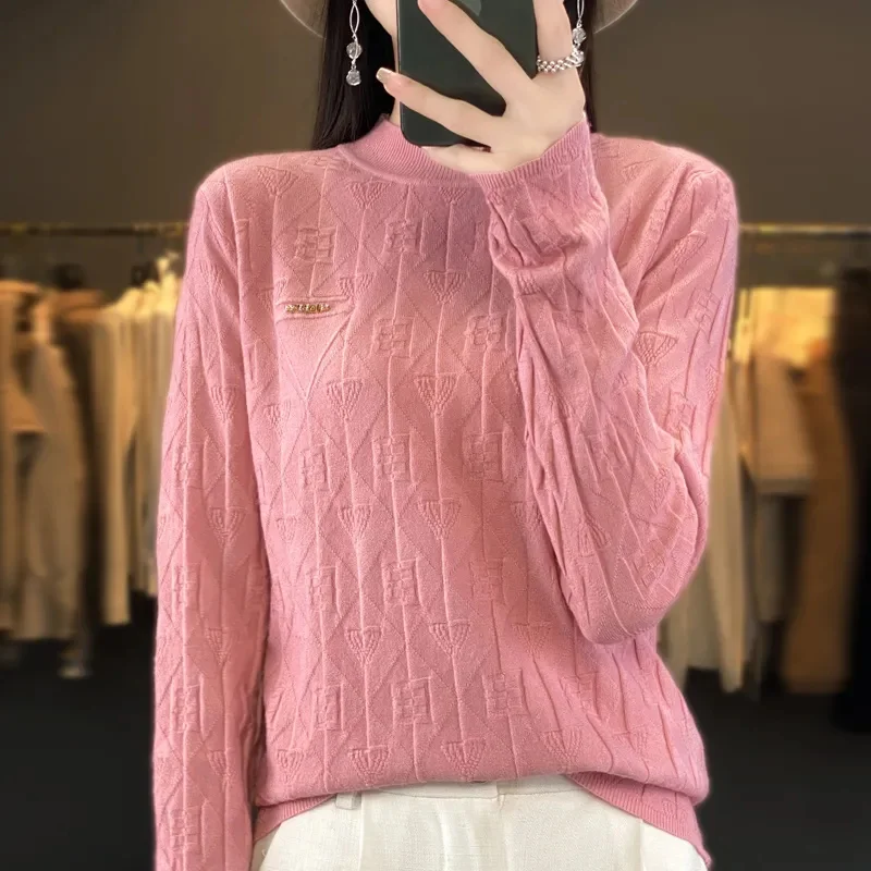 2025 Autumn Women Sweater Pullover Half High Collar Solid Jacquard Long Sleeve Loose Knitwear Jumper Female Tops Bottoming Shirt