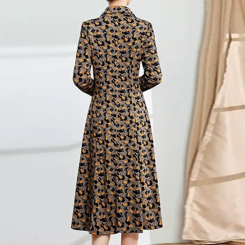 วินเทจดอกไม้พิมพ์ลายชุดมิดิเสื้อผ้าหญิงปิดกระดุมฤดูใบไม้ผลิฤดูใบไม้ร่วงเอ-ไลน์เอวแขนยาว XQ157