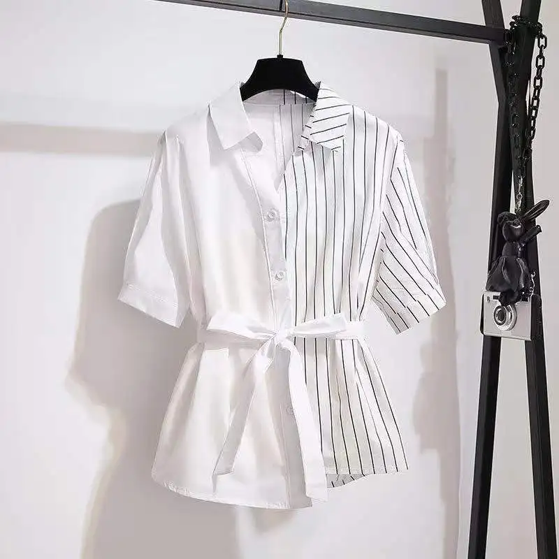 

V-neck Waisted Patchwork Shirt Lapel Short Sleeve Striped Color Block Loose Shirt Workplace Casual Style Formal Wear