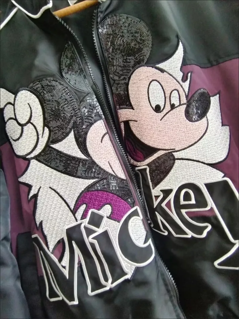 Europeu de alta qualidade primavera outono nova mickey carta bordado jaqueta para mulheres estilo universitário lantejoulas dos desenhos animados roupas femininas