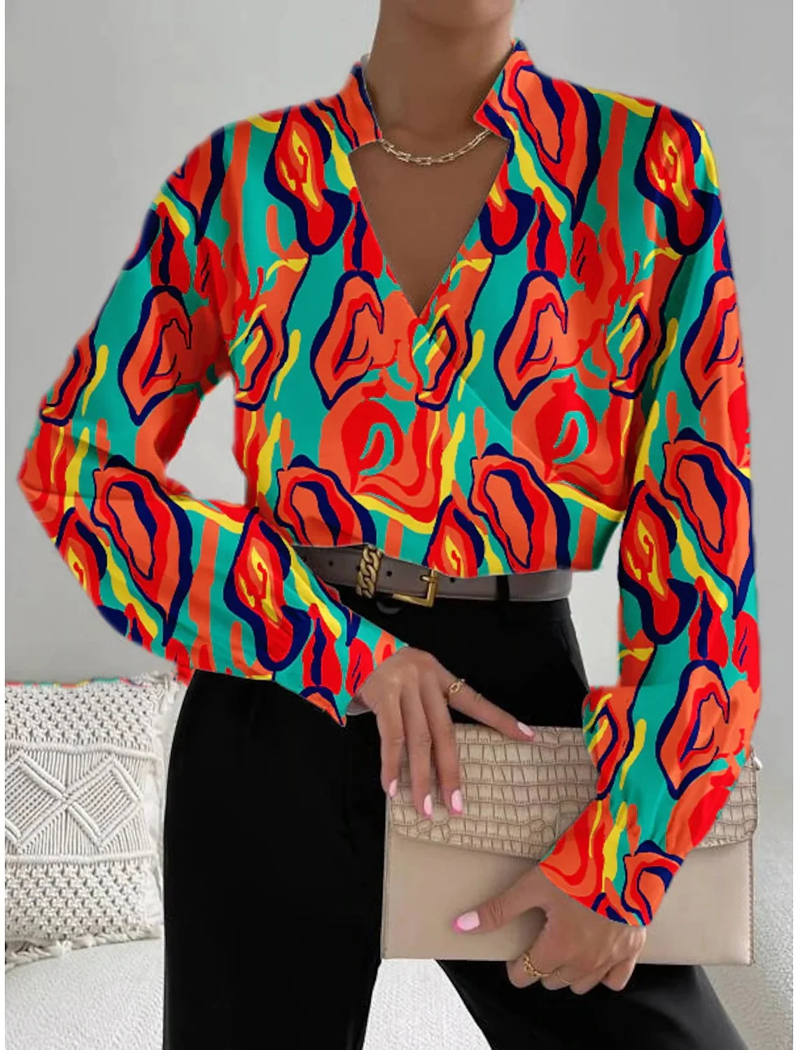 Langarmbluse im europäischen und amerikanischen Stil mit V-Ausschnitt und Blumenmuster für Damen