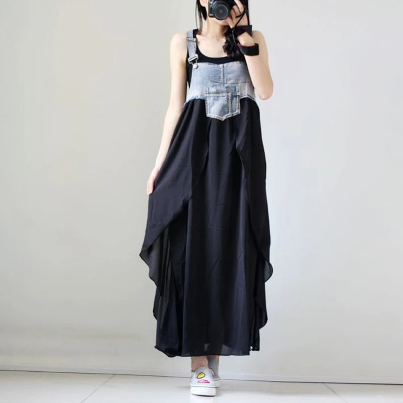 

Summer New Arrival Thin Korean Sle Large Size Loose Casual Long Splicing Chiffon Overalls Denim Dr Knee-Length A-Line Skirt
