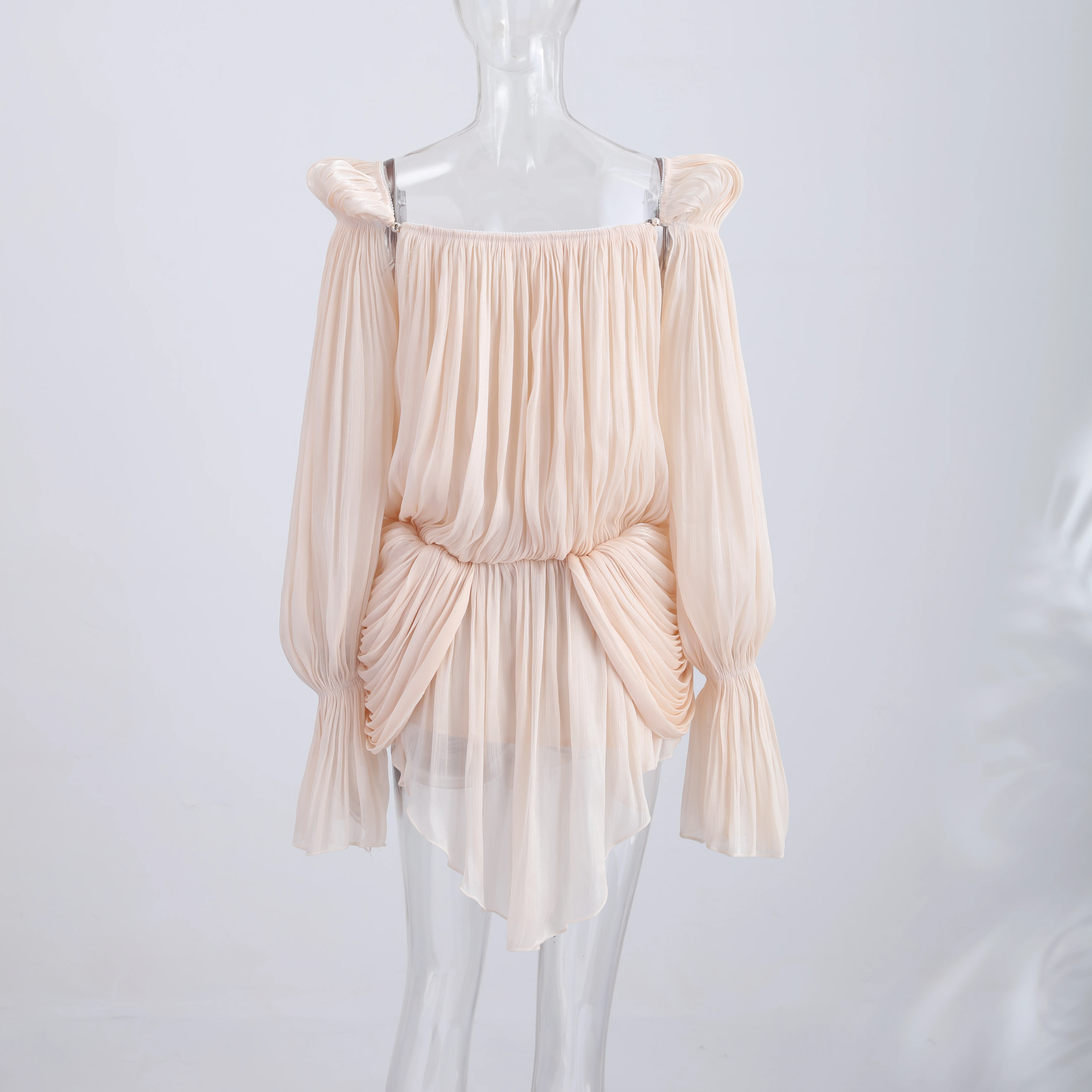 Satin Off-Shoulder Pleated Mini Dress for Women Fashion Puff Sleeve Cinched Waist Prom Party Skirt 2026 NEW Spring Lady Dresses