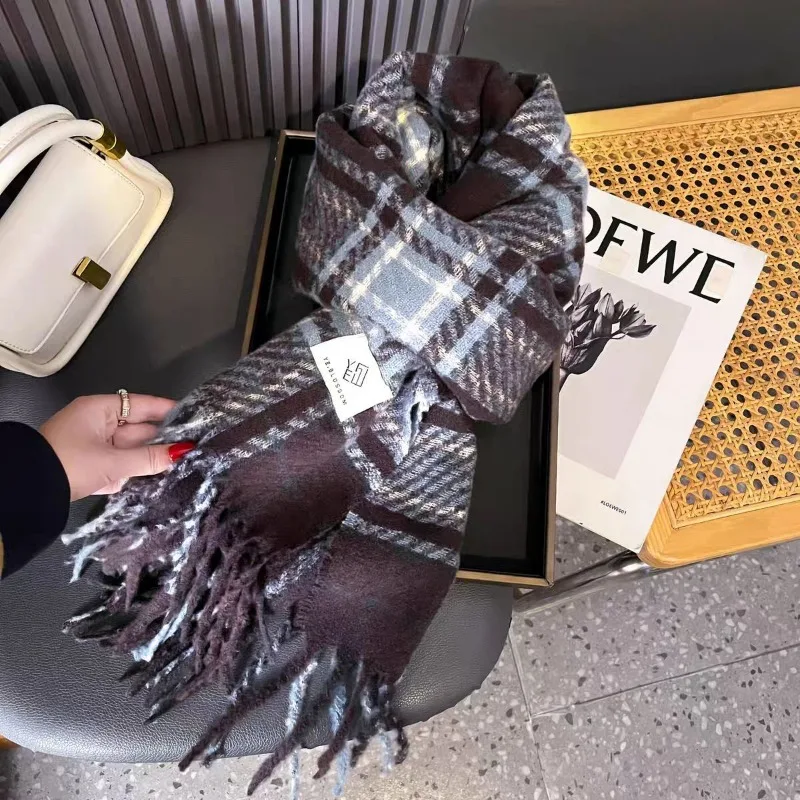 

Autumn and Winter New Thousand Bird Plaid Blue Purple Plaid Scarf with Atmosphere and Extended Warm Shawl Neck