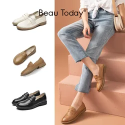 BeauToday Leather Loafers Women Sheepskin Penny Shoes Round Toe Slip On Ladies Comfortable Flats Handmade 27474