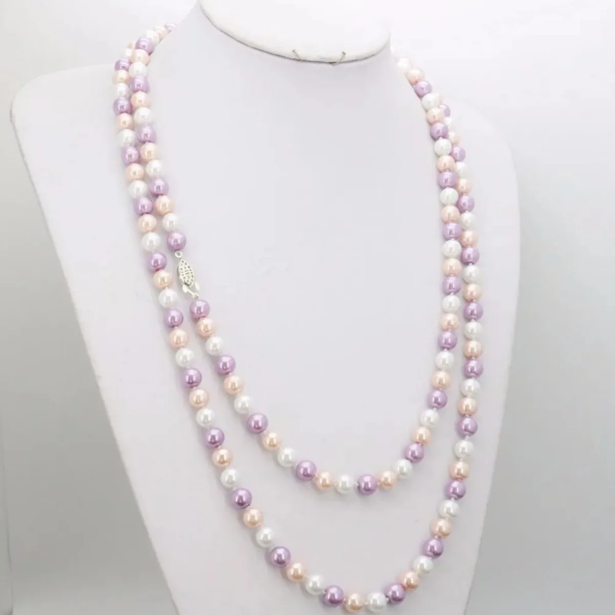 Long 50inch 8mm Round White Pink Purple Multicolor Shell Pearl Necklace Beads Neckwear DIY Jewelry Making Women Girls Gifts